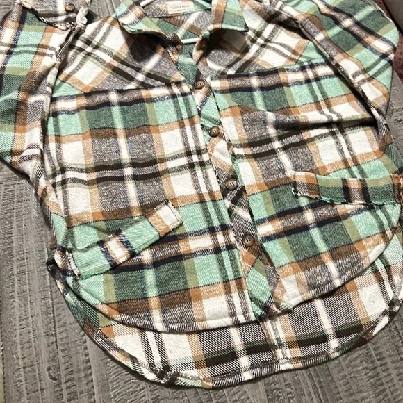 Women's Plaid Button-Down Shirt - Green, Brown, White - Picture 2 of 12